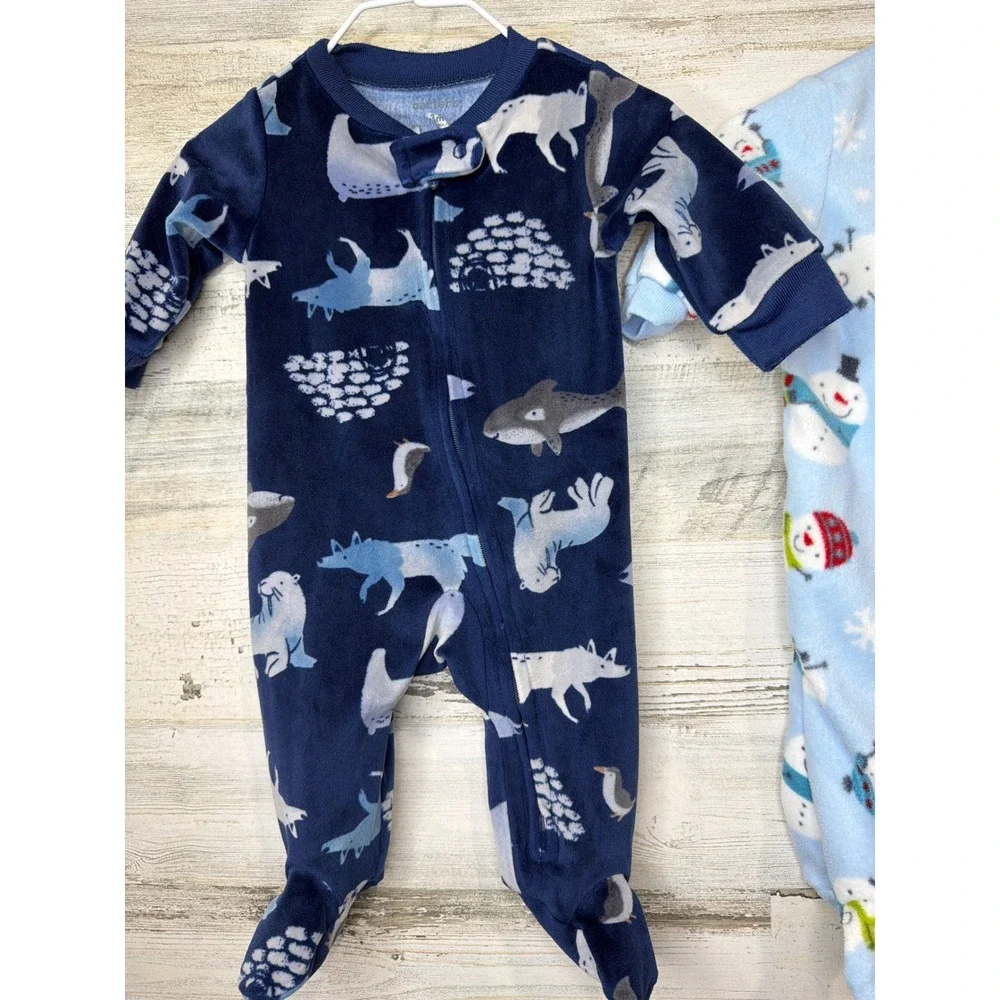 Carter's Fleece Sleepers Bundle Baby Boys 3M Blue Gray Penguin Snowman Winter